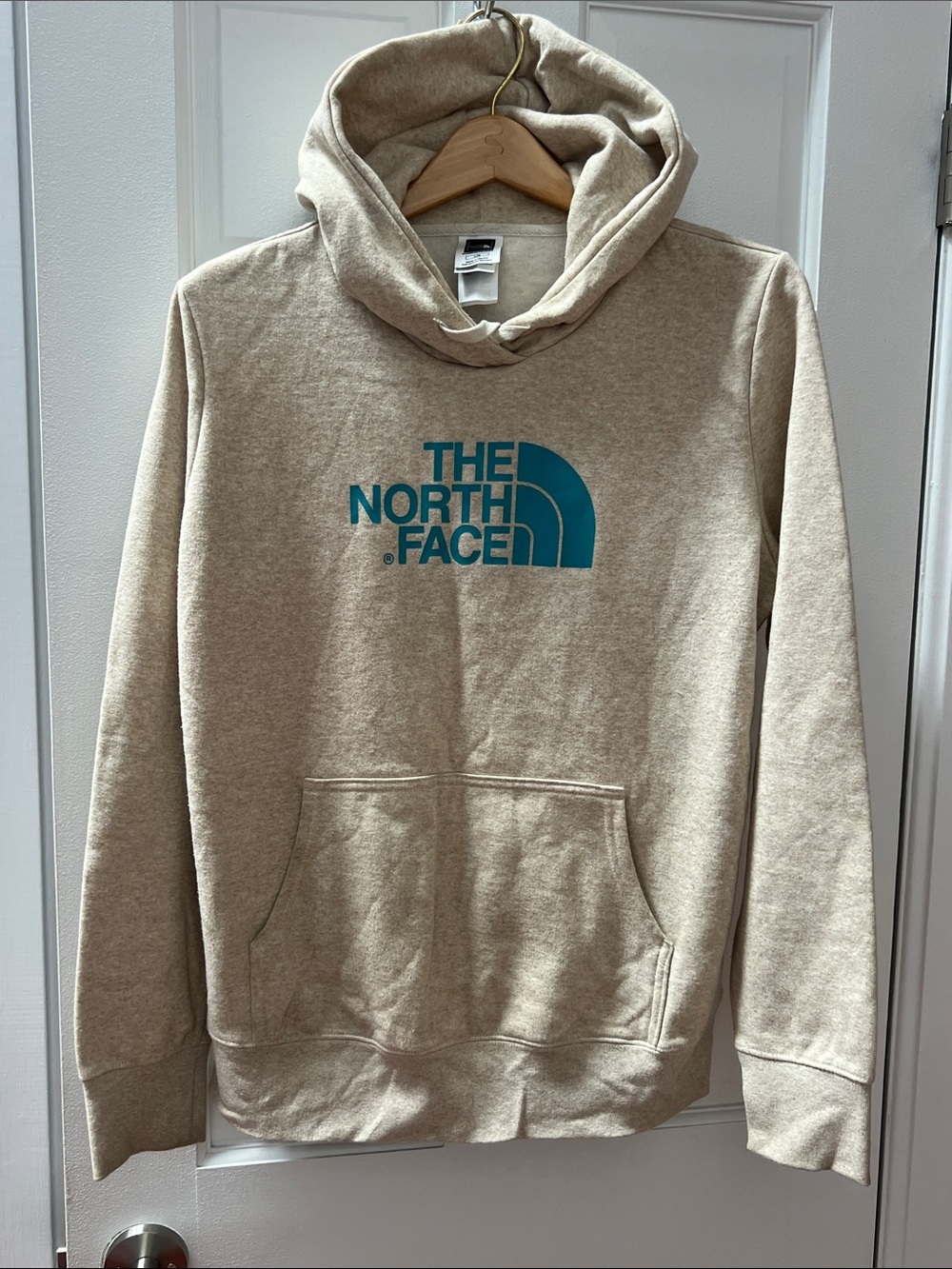 The North Face Tan Hoodie with Teal Logo